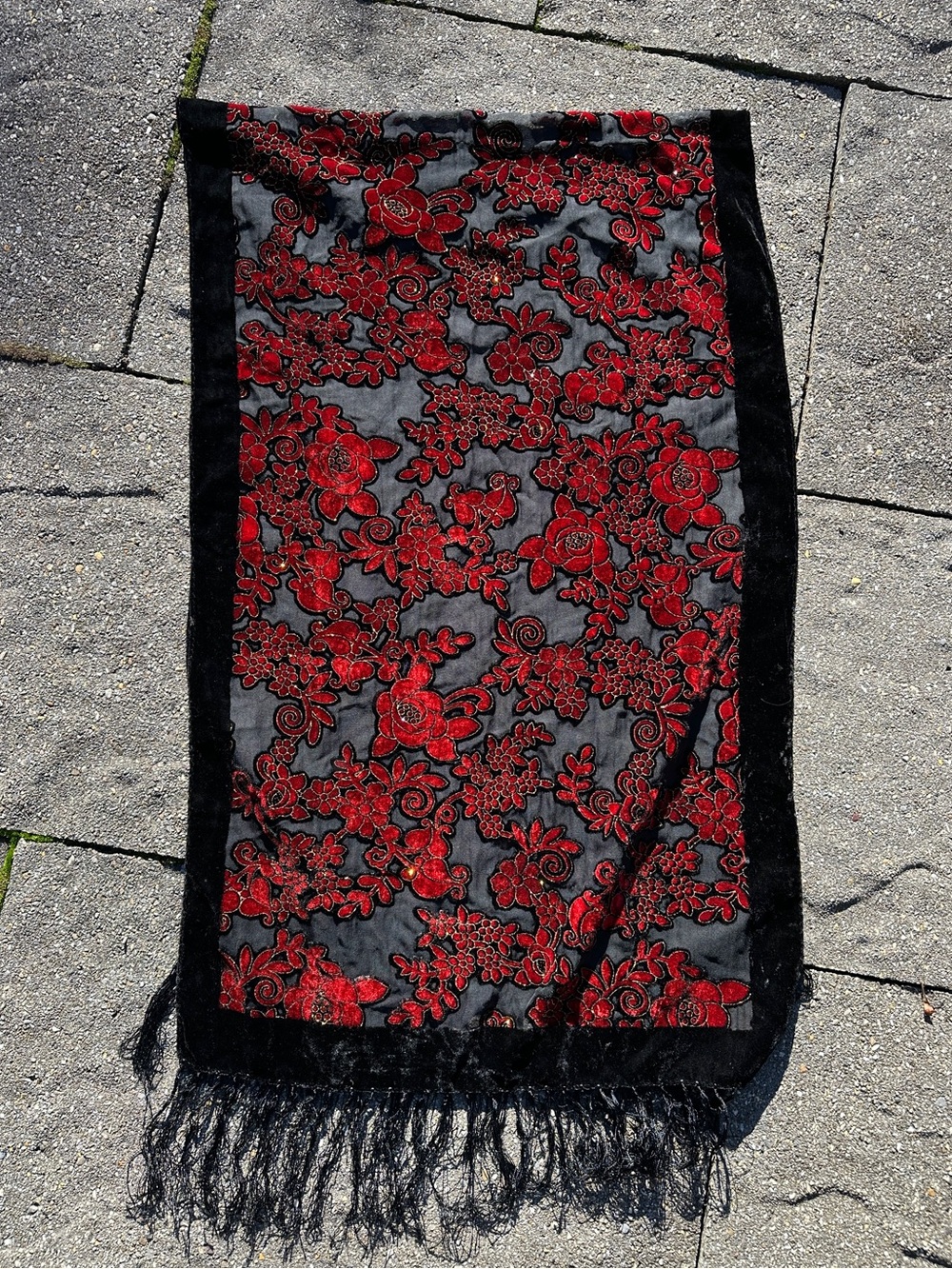 True Vintage Red Black Velvet Burnout Silk Scarf Gold Sparkle Fringe Wrap